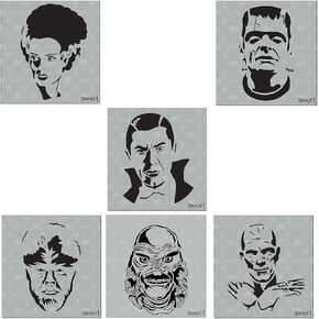 Halloween Monsters 6 Pack Stencil Set, Pumpkin Stencils, Halloween Motifs, Includes Dracula, Creature Black Lagoon, Frankenstein, Bride, Werewolf, Mummy, Each Measure 5.75" x 6" Laser Cut Mylar