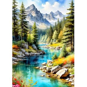 مجموعات اللوحات الماس الجبلية Dphero Snowy Mountain للمبتدئين البالغين ، 5D Diy Forest Diamond Art Kits ، Round Clow Drill Stream Painting Art ، Diy Paint