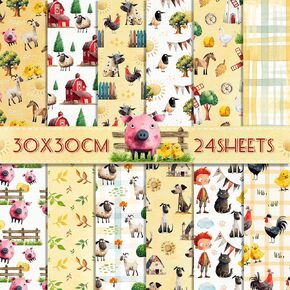 24 Sheets Farm Animals Scrapbook Paper Pad Farm Animal Double-Sided Scrapbook Pattern Paper 12 Design Watercolor Farmstead Animals Style Patterns Pad for Farmstead Background Card Making Origami DIY