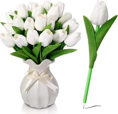 100 Pcs Fake Tulip Flower Pens Gifts, 0.5mm,artificial Flower Ballpoint Pens,PU Tulips Easter Spring Wedding Bouquet Centerpiece Home Office Presents Decor(White) in Saudi Arabia