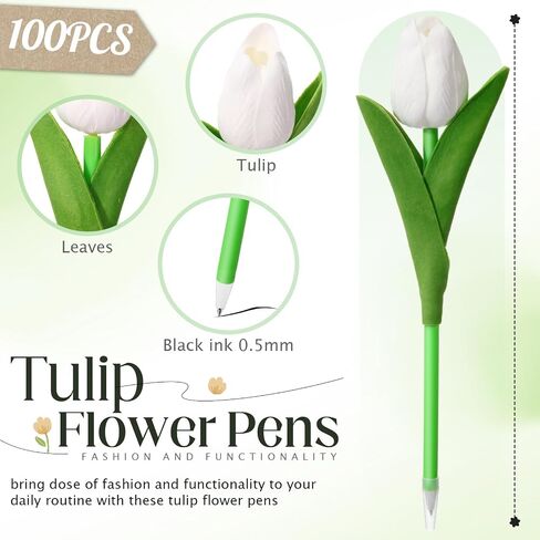 100 Pcs Fake Tulip Flower Pens Gifts, 0.5mm,artificial Flower Ballpoint Pens,PU Tulips Easter Spring Wedding Bouquet Centerpiece Home Office Presents Decor(White) in Saudi Arabia