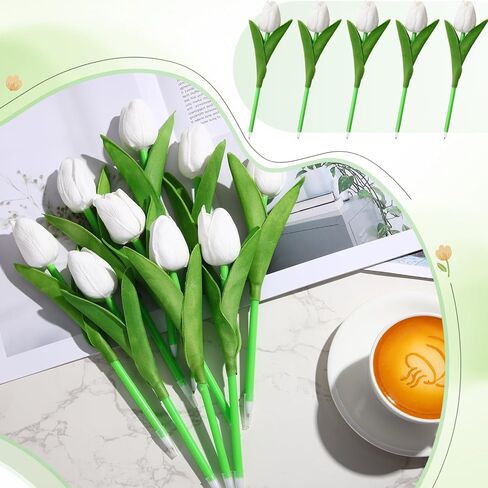 100 Pcs Fake Tulip Flower Pens Gifts, 0.5mm,artificial Flower Ballpoint Pens,PU Tulips Easter Spring Wedding Bouquet Centerpiece Home Office Presents Decor(White) in Saudi Arabia