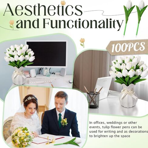 100 Pcs Fake Tulip Flower Pens Gifts, 0.5mm,artificial Flower Ballpoint Pens,PU Tulips Easter Spring Wedding Bouquet Centerpiece Home Office Presents Decor(White) in Saudi Arabia