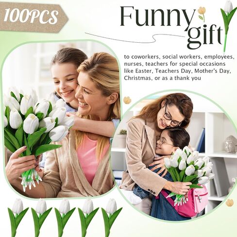 100 Pcs Fake Tulip Flower Pens Gifts, 0.5mm,artificial Flower Ballpoint Pens,PU Tulips Easter Spring Wedding Bouquet Centerpiece Home Office Presents Decor(White) in Saudi Arabia