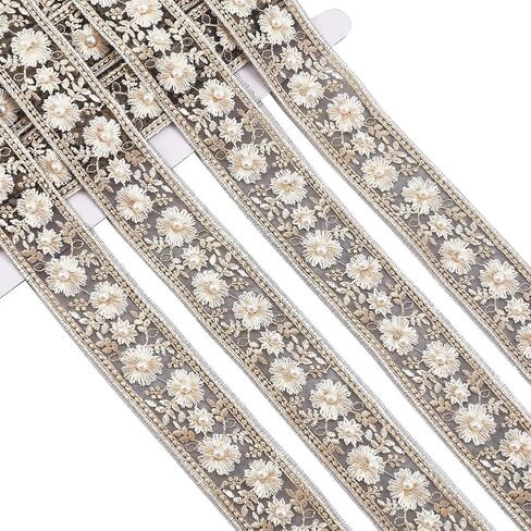 White Embroidered Floral Lace Ribbon with Pearl Bead Webbing Fabric Polyester Boho Jacquard Trim Tape Flower Embroidery Applique Ribbons for Sewing Making Clothes Dress Accessories DIY Craft in Kuwait