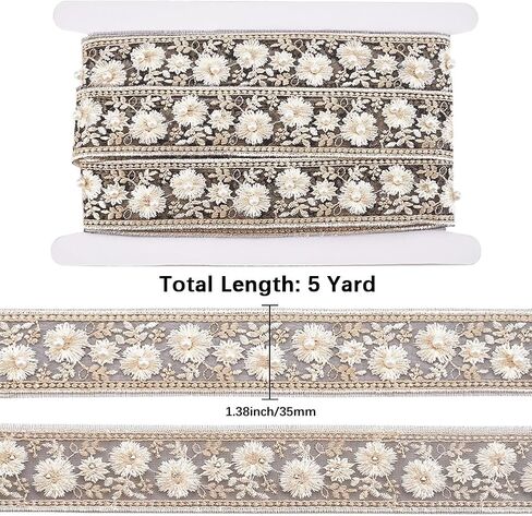 White Embroidered Floral Lace Ribbon with Pearl Bead Webbing Fabric Polyester Boho Jacquard Trim Tape Flower Embroidery Applique Ribbons for Sewing Making Clothes Dress Accessories DIY Craft in Kuwait