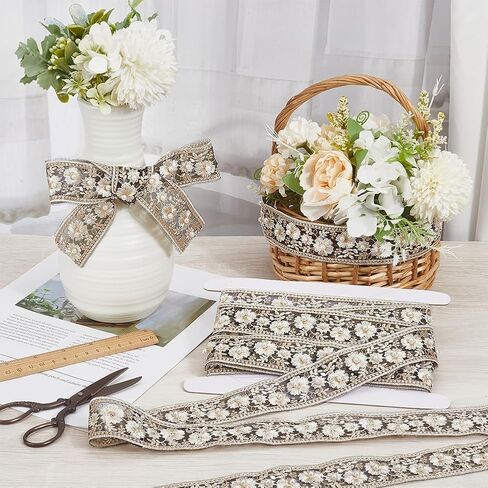 White Embroidered Floral Lace Ribbon with Pearl Bead Webbing Fabric Polyester Boho Jacquard Trim Tape Flower Embroidery Applique Ribbons for Sewing Making Clothes Dress Accessories DIY Craft in Kuwait