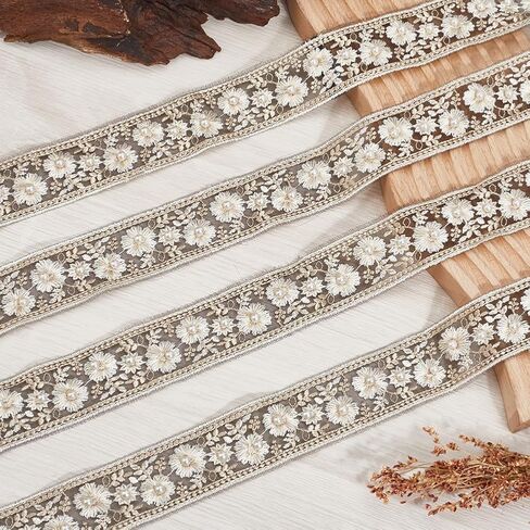 White Embroidered Floral Lace Ribbon with Pearl Bead Webbing Fabric Polyester Boho Jacquard Trim Tape Flower Embroidery Applique Ribbons for Sewing Making Clothes Dress Accessories DIY Craft in Kuwait