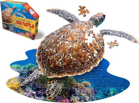 Madd Capp Lil' SEA Turtle 100 Piece Jigsaw Puzzle for Ages 5+ - 4007 - Unique Animal-Shaped Border, Poster Size When Completed, Oversized Pieces for Easy Handling, Includes Educational Fun Facts in Saudi Arabia