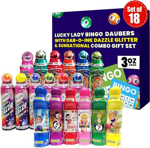 Lucky Lady Bingo Daubers مع Dab-O-Ink Dazzle Glitter ومجموعة هدايا Sunsational Combo - 3 أونصة. 18 عبوة من حبر بينجو متعدد الاستخدامات - علامات بينجو وأختام بينجو للبالغين والأطفال in Saudi Arabia
