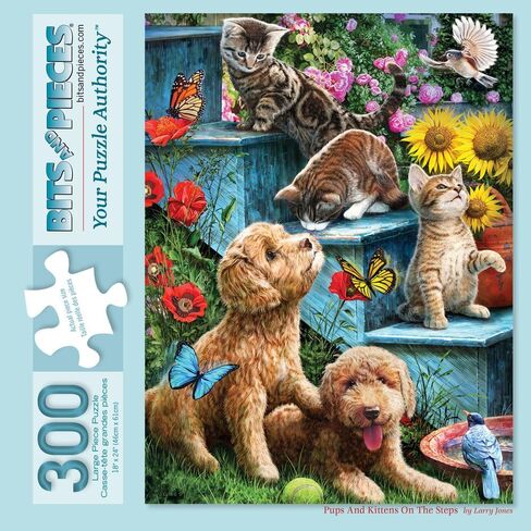 Bits and Pieces Puzzles for Adults - Pups and Kittens On The Steps Jigsaw Puzzle, Fun Puzzles for Adults, Challenging and Fun Puzzle Activity (300 Piece Puzzle) in Saudi Arabia
