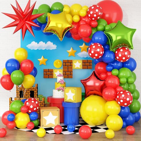 Red Blue Green Yellow Balloon Arch, Red Yellow Green Blue Balloon Garland with 4Pcs Star Foil Balloons for Birthday Baby Shower Cartoon Video Game Superhero Theme Party Decor in Saudi Arabia