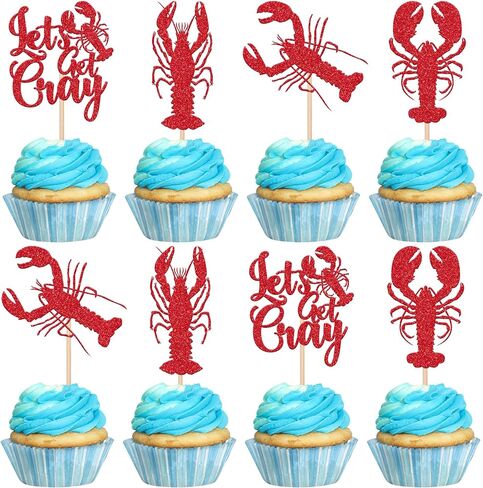 24 PCS Crawfish Cupcake Toppers Red Glitter Let's Get Cray Lobster Cupcake Picks Crawfish Party Cake Decorations for Lobster Theme Carnival Baby Shower Birthday Single Divorce Party Supplies in Saudi Arabia