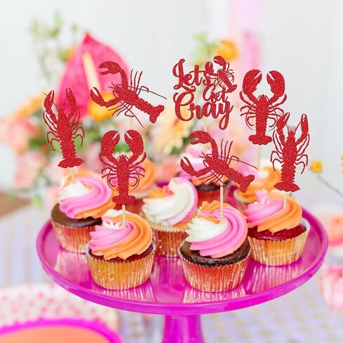 24 PCS Crawfish Cupcake Toppers Red Glitter Let's Get Cray Lobster Cupcake Picks Crawfish Party Cake Decorations for Lobster Theme Carnival Baby Shower Birthday Single Divorce Party Supplies in Saudi Arabia