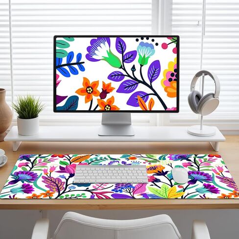 Colorful Flowers Desk Matt for Desktop, Mouse Pad Mat, Desk Mat for Keyboard and Mouse, XXL Large Mouse Pad for Desk, Anti-Slip Big Mousepad with Stitched Edges, Mouse Mat for Computer Laptop Women in Saudi Arabia