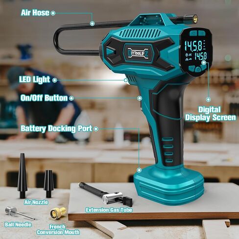 Upgraded Cordless Tire Inflator Air Compressor for Dewalt 20V Max Battery: Portable Handheld Air Pump with Digital Pressure Gauge for Cars Motorcycles Bikes Sport Balls in Kuwait