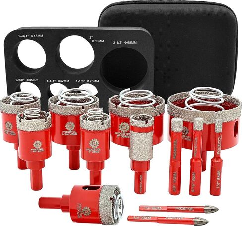 مجموعة لقم الثقب الماسي - طقم منشار ثقب الماس FOCSTOL لبلاط السيراميك والبورسلين 13 قطعة (6/8/10/20/25/28/32/35/45/65 مم + لقمة شطب مائلة 50 مم + مثقاب كربيد 6/6 مم) in Kuwait