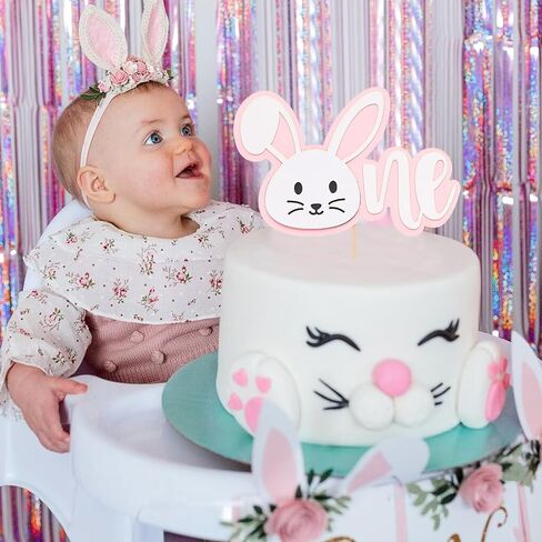 Some Bunny Is One Cake Topper - Bunny 1st Birthday Cake Smash Decorations, Easter Birthday Party Supplies for Girls, Boys, Baby Shower (Pink) in Saudi Arabia