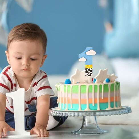 رقم واحد من الكعكة العليا لعيد الميلاد الأول ، قصة الرسوم المتحركة الأولى الكعكة الخشبية توببر زرقاء السماء السحابة البيضاء والبقرة مركزية كعكة عيد ميلاد سعيد للاستحمام الطفل جنس الكشف عن إمدادات حفلات الحفلات in Saudi Arabia