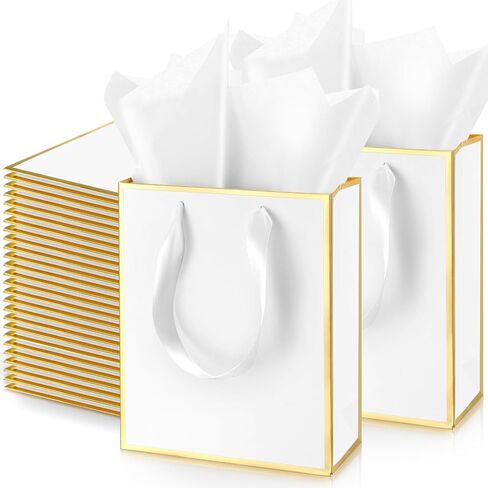 Yeaqee 50 Pack Metallic Gift Bags with Handle and Tissue Paper for Wedding Graduation Holiday Bridesmaid Thank You 5 Senses Gift Bag for Her Him Birthday 9 x 7 x 3.15''(White and Gold) in Saudi Arabia