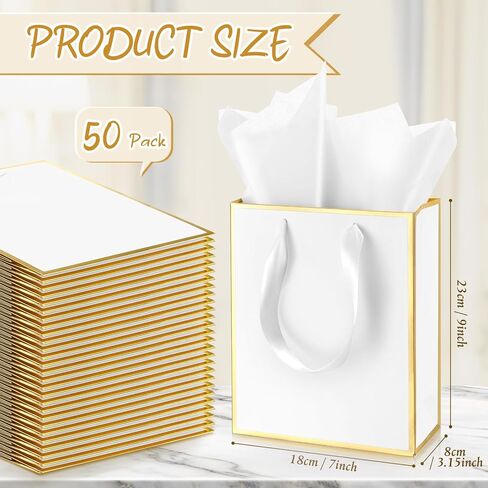 Yeaqee 50 Pack Metallic Gift Bags with Handle and Tissue Paper for Wedding Graduation Holiday Bridesmaid Thank You 5 Senses Gift Bag for Her Him Birthday 9 x 7 x 3.15''(White and Gold) in Saudi Arabia