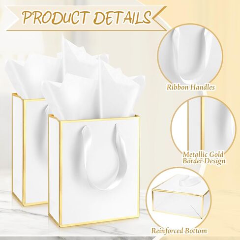 Yeaqee 50 Pack Metallic Gift Bags with Handle and Tissue Paper for Wedding Graduation Holiday Bridesmaid Thank You 5 Senses Gift Bag for Her Him Birthday 9 x 7 x 3.15''(White and Gold) in Saudi Arabia