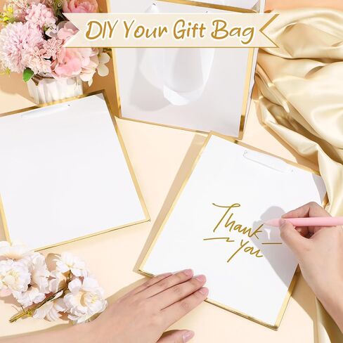 Yeaqee 50 Pack Metallic Gift Bags with Handle and Tissue Paper for Wedding Graduation Holiday Bridesmaid Thank You 5 Senses Gift Bag for Her Him Birthday 9 x 7 x 3.15''(White and Gold) in Saudi Arabia