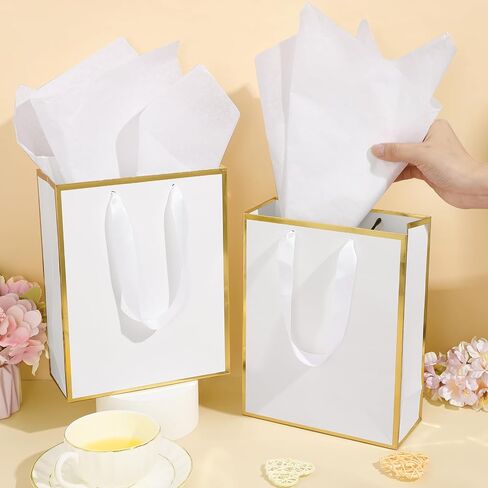 Yeaqee 50 Pack Metallic Gift Bags with Handle and Tissue Paper for Wedding Graduation Holiday Bridesmaid Thank You 5 Senses Gift Bag for Her Him Birthday 9 x 7 x 3.15''(White and Gold) in Saudi Arabia