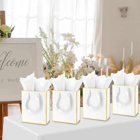 Yeaqee 50 Pack Metallic Gift Bags with Handle and Tissue Paper for Wedding Graduation Holiday Bridesmaid Thank You 5 Senses Gift Bag for Her Him Birthday 9 x 7 x 3.15''(White and Gold) in Saudi Arabia