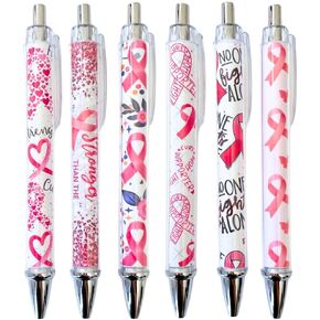 YJ PREMIUMS 6PC Pink Breast Cancer Awareness Black Ink Ball Point Writing Pens Ribbon Bress Breat Pen School Desk Decor Office Supplies Accessories Items Bulk Gift Gifts for Women Nurse Girls