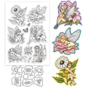 GLOBLELAND Flowers Fairy Clear Stamp and Cutting Dies Set for Card Making Daisy Peony Lily Butterfly Silicone Clear Stamp Metal Lily of The Valley Hydrangea Die Cuts for DIY Scrapbooking Photo Album