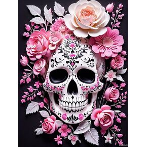 PuageMti Pink Flower Sugar Sugir Painting Diamond ، Day of the Dead 5D Farmmling Diamond Painting Kit للبالغين المبتدئين في المنزل ديكور DIY هدية جولة الفن الأحجار الكريمة 12x16 بوصة