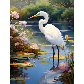 5D Full Round Drill Diamond Art Painting Kits by Number for Adults Beginner Egret Standing in Water Diamond Beads Art Crystal Embroidery Cross Stitch Craft Kits for Decor Kits 30x40cm
