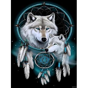 Brtita Dreamcatcher Diamond Painting Kits Wolf مع الريش ولوحة الماسك أحلام ، وأطقم فن الماس الدائرية ، وديكور الجدار المنزلي 12x16in / 30x40 سم