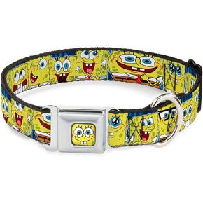 طوق الكلب حزام الأمان في مشبك - تعبيرات Spongebob Stripe Blue - 1 "Wide - Fits 15-26" الرقبة - كبيرة
