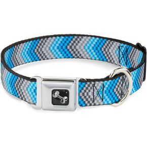 Buckle-Down Seatbelt Buckle Dog Collar - Chevron Weave Grays/Blues - 1" Wide - Fits 15-26" Neck - Large