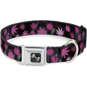 Buckle-Down Seatbelt Buckle Dog Collar - Pot Leaves/Smoke Black/Pink/White - 1" Wide - Fits 11-17" Neck - Medium