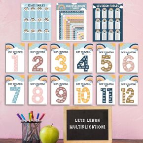 مجموعة ملصقات Hadley Designs Murblication Chart - 9 ملصقات رياضيات للفصول الدراسية والمدرسة المنزلية ، طاولات الأوقات ، العد المتخطي ، وملصقات التقسيم للتعلم البصري من الدرجة الثانية إلى الخامس ، بوهو ديكور الفصل الدراسي