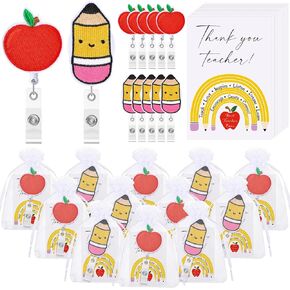 20 Sets Teacher Appreciation Gift Bulk Teacher Badge Reel Holder with Alligator Clip Pencil Shape Badge Reel Apple Retractable Holder Thank You Card End of Year Gifts for Colleague Assistant
