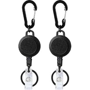 Senzz 2 Pack Heavy Duty Retractable ID Badge Reels with Carabiner Key Chain, 28' Steel Retractable Cord, Carabiner Keychain