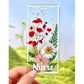 Plifal RN Badge Buddy Card Holder - Nurse Nursing Accessories Glitter Red Vertical Dried Pressed Flower Epoxy Resin ID Name Tags for Medical Student Hospital Work Supplies
