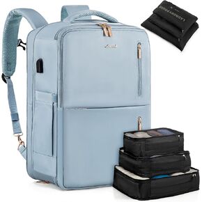LoveVook Carry On Backpack ، حقائب ظهر سفر معتمدة من 40 لترًا للنساء كبند شخصي ، وحقيبة محمولة قابلة للتوسيع 17 بوصة ، وأمتعة كبيرة مقاومة للماء مع 6 مكعبات تعبئة