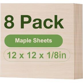 Robotime 8 -pack Maple Plywood Sheets - 12 × 12 × 1/8 بوصة - الخشب الرقائقي 3 مم لقطع الليزر ، نقش وحرق الخشب (pyrography) - الخشب غير المكتمل للحرف اليدوية