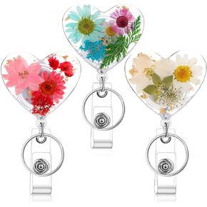 3Pcs Cute Floral Badges Reels Flower Id Badge Holders Retractable Nursing Badges Holder Heart Shape Name Card Badge Clips with Key Ring for Doctor Teacher Women, Resin