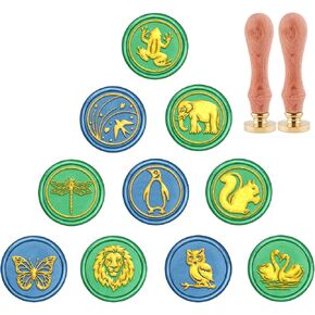 CRASPIRE Wax Seal Stamp Set 10PCS Animal Insect Sealing Wax Stamps Heads with 2PCS Wood Handle Retro 25mm Removable Brass Seals Kit for Envelope Invitation(Dragonfly+Butterfly+Elephant +Lion+Owl)
