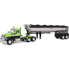 First Gear Kenworth W990 Day Cab and MAC Half-Round Tandem-Axle Dump Trailer Lime Green and Black 1/64 Diecast Model by DCP