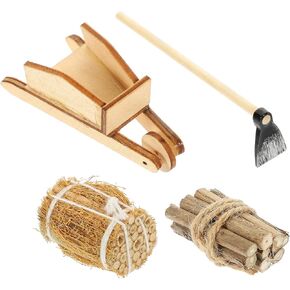 Logofun Mini Farm Accessories Dollhouse Miniature Gardening Tools with Firewood Cart Hoe Haystack Model for Dollhouse Farmhouse Garden Accessories