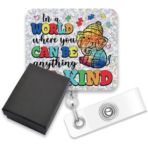 AGMDESIGN in a World Where You Can Be Anything Be Kind Funny Glitter Badge Reel, Cute Puzzle Elephant Nurse ID Badge Reel Perfect for Autism Therapists Behavioral Therapists Doctors Nurses