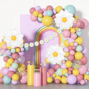 Amandir 162Pcs Daisy Balloon Garland Arch Kit, Groovy Flower Pastel Balloon Arch Pink Yellow Blue Green Purple Balloons Daisy Banner for Easter party Decorations Birthday Baby Shower Bridal Wedding