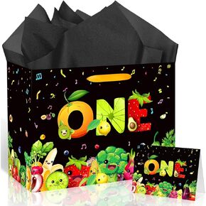 Dancing Fruit 1st Birthday Decorations Fruit Vegetable 1st Birthday Gift Bag with Tissue Paper Card One Bday Wrapping Paper Bag for Baby Girls Boys Baby Shower Gender Reveal Party Supplies